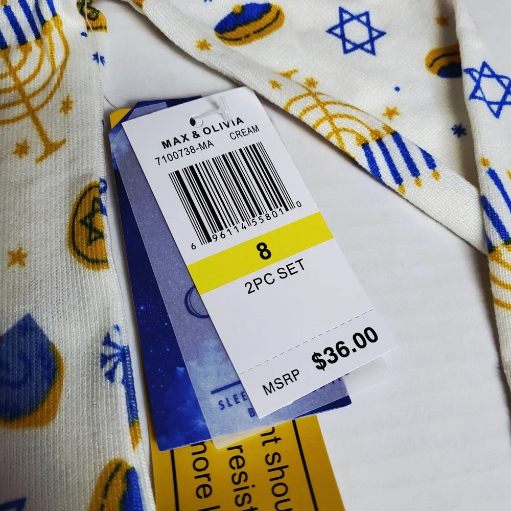 Max Olivia Kids Size 8 Hanukkah Pajama Set Long Sleeve Pants Dreidel Menorah NWT